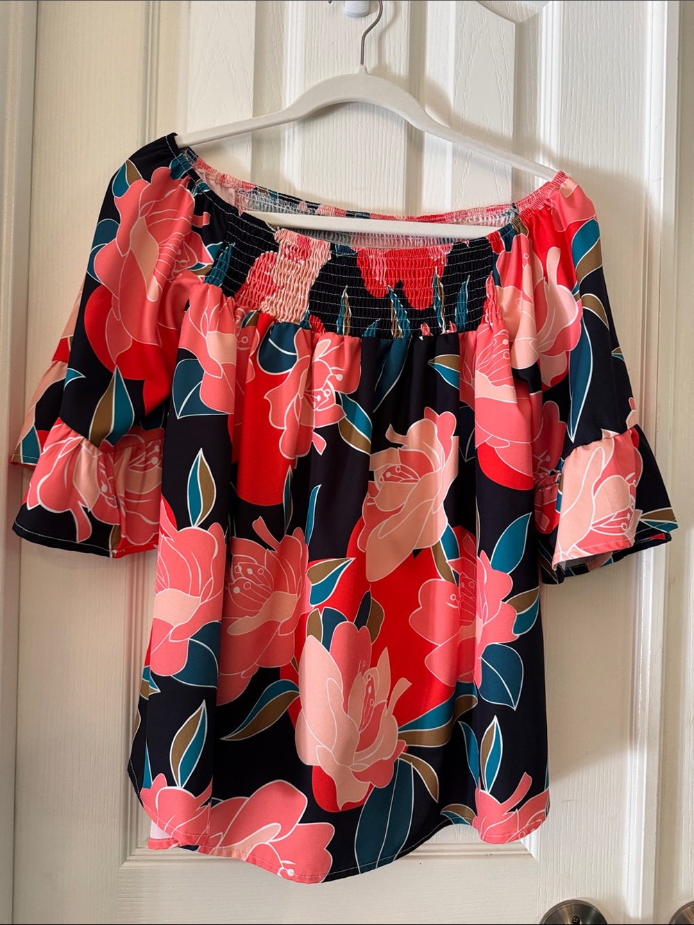 SHEIN Off-Shoulder Floral Blouse in Black and Coral